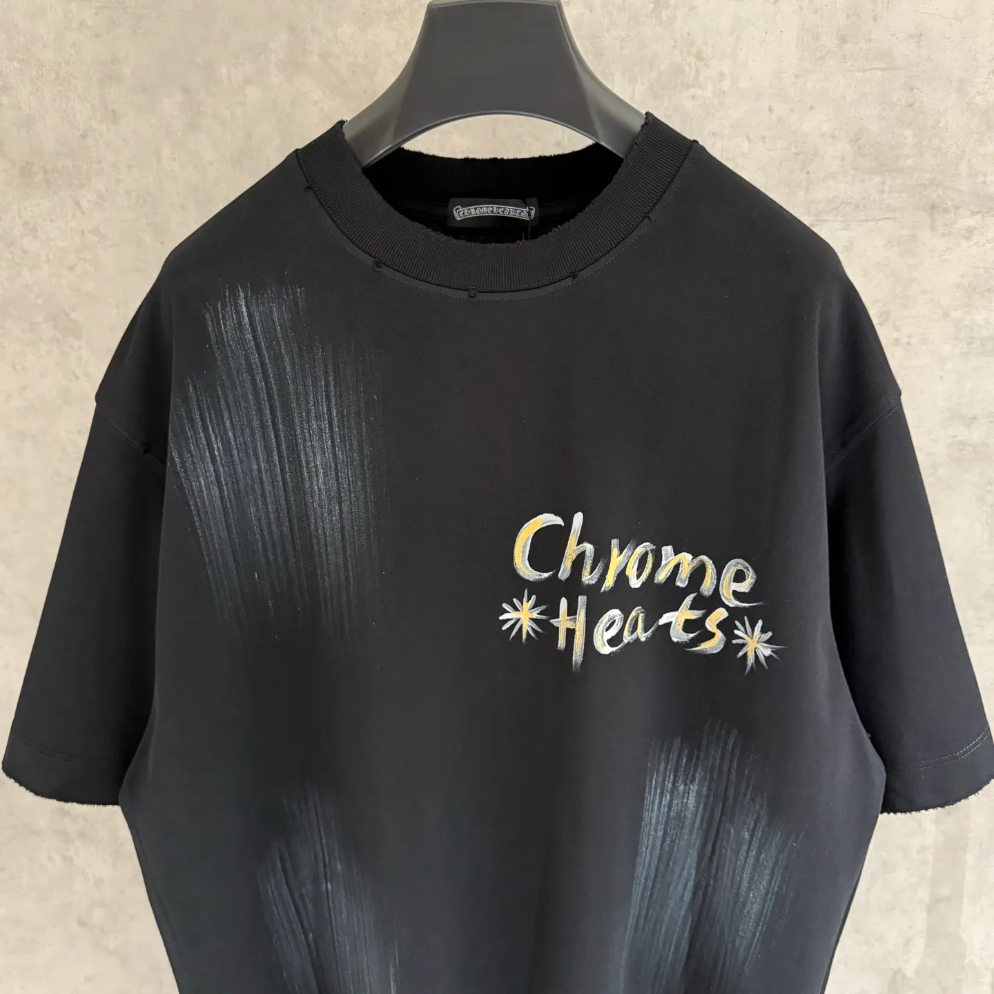 🅿️270 [Strict quality control] CH Crow Heart's new hand-painted T-shirt. Heavy 320g double yarn fabric. Washed twice. Four sides frayed. Heavy fabric. The neckline is made of icy Salona. Loose version. Deep, wide and stylish. No deformation or shrinkage. Three colors: black, white and gray. Size: M-2xl